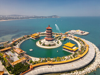 Eight Immortals Crossing the Sea and Welcoming the Immortals Pavilion, Penglai, Yantai, China, aerial picture