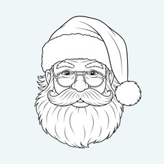 Detailed line art of Santa Claus head with hat and beard.