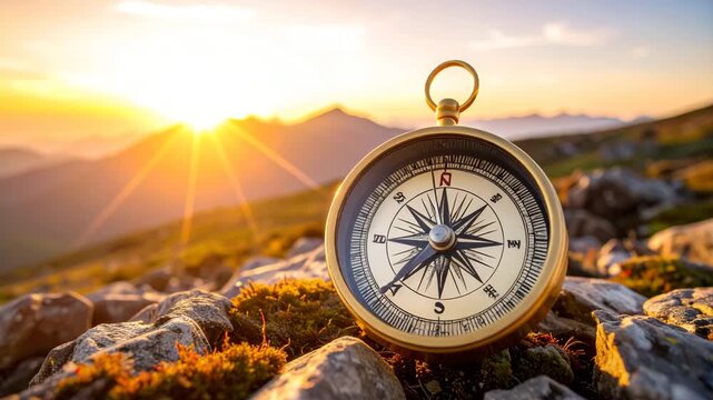A golden compass rests on rocks in a mountainous landscape with a vibrant sunset or sunrise.