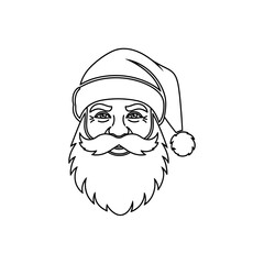 Santa Claus face with hat and beard, black and white line art.