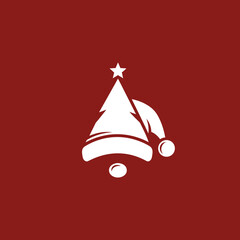 A white Christmas tree shaped like a Santa hat with a star on top, set against a red background.