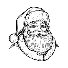 Detailed black and white line art illustration of Santa Claus's head and shoulders, featuring his iconic beard, mustache, and a festive fur-trimmed hat.