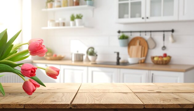 Elegant Kitchen Interior with Tulips and Wooden Countertop.
