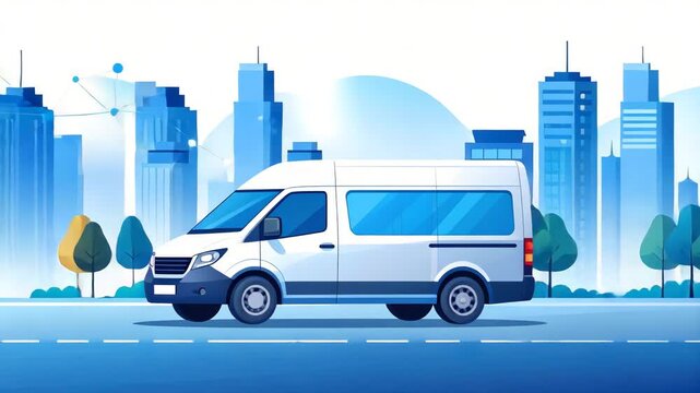 A white commercial van driving on a road with blue city skyscrapers and trees in the background, vector illustration.