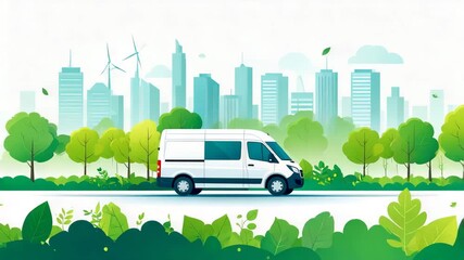 A white delivery van drives on a road with a green, eco-friendly city skyline and lush trees in the background, symbolizing sustainable urban transport. - Powered by Adobe