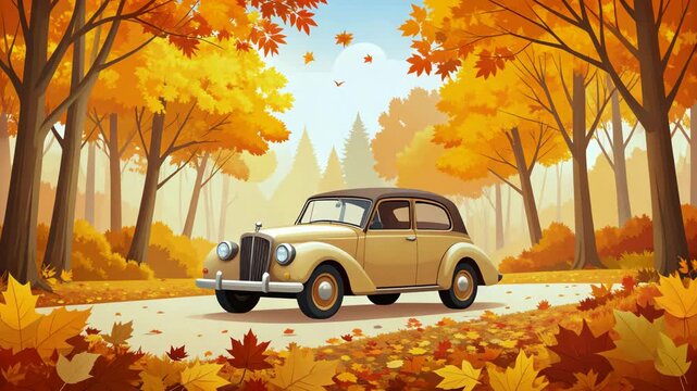 A classic vintage car drives along a scenic road through a vibrant autumn forest with golden and orange leaves.