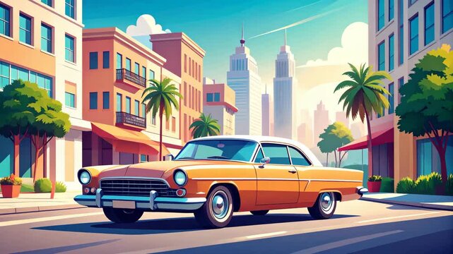 A classic orange and white vintage car parked on a sunny city street with buildings and palm trees in the background.
