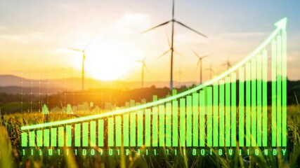 Green energy growth with wind turbines at sunset and an upward trending bar chart. - Powered by Adobe