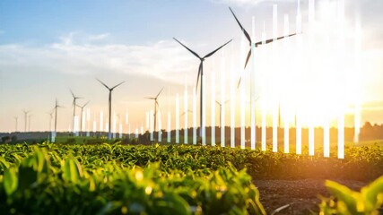 A field of green crops with wind turbines and abstract data graphs at sunset, symbolizing sustainable energy growth. - Powered by Adobe