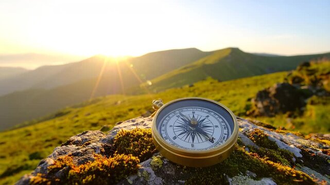 A vintage compass rests on a mossy rock with sun setting over rolling green mountains.