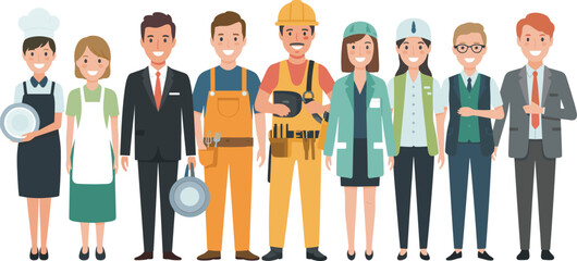 Cartoon characters of diverse professions, chef, waitress, businessman, construction worker, doctor, teacher, office staff, teamwork concept, occupational illustration, career guidance