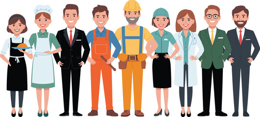 Cartoon characters diverse professions, waitress, chef, businessman, construction worker, engineer, doctor, scientist, teamwork, occupational roles, career illustration, workforce diversity,