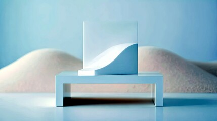 A minimalist white abstract sculpture with a curved element rests on a white platform, set against a soft blue background with blurred sandy dunes.