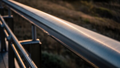 Metal Safety Guardrail on Bridge During Sunset with Warm Lighting