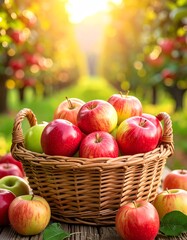 Abundant Harvest: Basket of Fresh Apples in Golden Orchard Sunlight