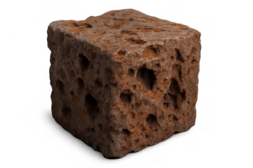 Porous weathered brown rock block with rough texture and holes on a transparent background