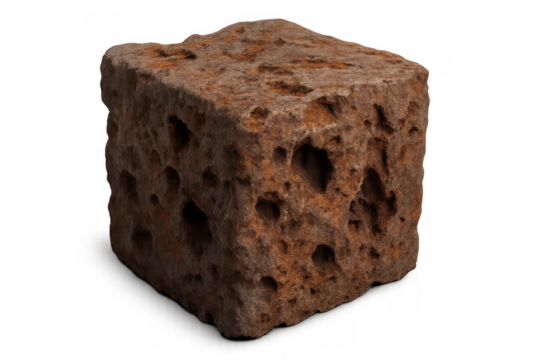 Porous weathered brown rock block with rough texture and holes on a transparent background