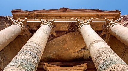 Ancient nabataean treasury facade carved into sandstone cliff in petra, jordan, showcasing intricate hellenistic architecture with corinthian columns and detailed friezes under a clear blue sky