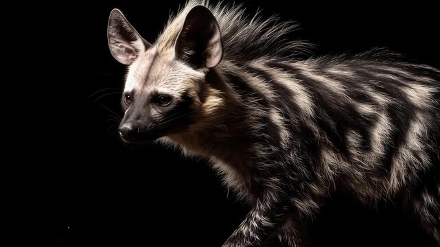 Dramatic Aardwolf with a Raised Mane on Black