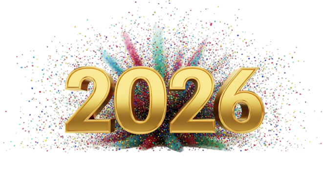 Golden 2026 with vibrant party explosion