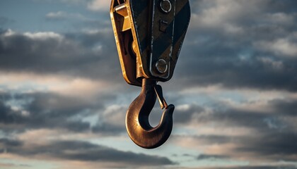 Industrial Crane Hook Hanging Against Cloudy Sky in Sunset Light