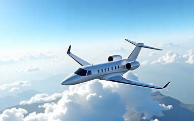 Fototapeta premium Realistic photo of White Luxury generic design private jet flying over the earth. Empty blue sky with white clouds at background. Business Travel Concept. Horizontal. 3d rendering. High quality