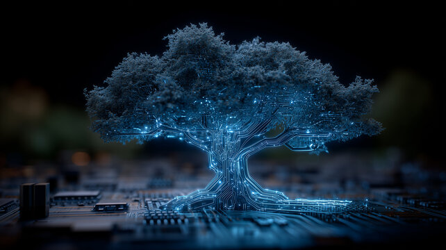 Circuit shaped tree rising from a motherboard, communicating sustainable technology, digital ecosystems, and responsible innovation that links nature concepts with modern computing