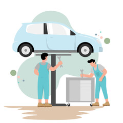 Modern flat vector of auto technicians repairing a car on a hydraulic lift. Clean, minimal illustration with a soft pastel color palette, ideal for automotive service, vehicle maintenance.