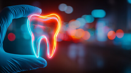 Gloved hand presenting a luminous tooth outline, representing modern dentistry, oral health innovation, diagnosis support, and patient centric care within high tech clinical services.
