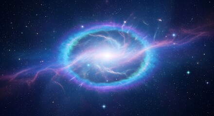 A cosmic nebula with a glowing ring structure and swirling gas clouds in deep space