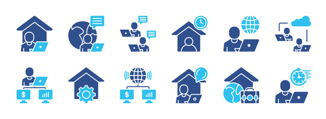 Work At Home color icon set collection. containing remote worker, freelance, office employee, stay at home, internet work, remote teamwork, worker, management, shared network, location, job