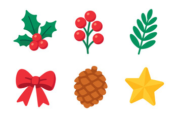 Festive Foliage Icons. Classic Holiday Foliage modern flat icon set: holly sprig, berry cluster, leaf pattern, bow, pinecone, star.