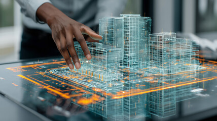 Engineer interacting with holographic buildings to depict digital twin planning, smart architecture, and data driven urban design.