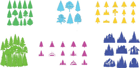 The image features a collection of small graphics, each representing a distinct group of trees or mountains, arranged systematically in rows and columns.