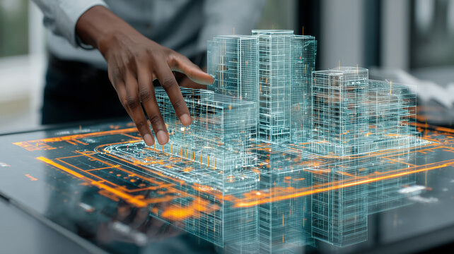 Engineer interacting with holographic buildings to depict digital twin planning, smart architecture, and data driven urban design.
 - Powered by Adobe