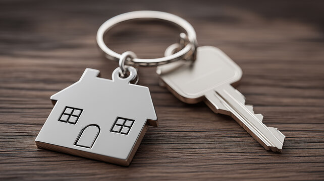 House shaped keychain with key representing new ownership, property transfer, and the milestone of receiving the keys.
