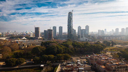 Daytime aerial view of Buenos Aires dense cityscape and architecture, Argentina.
