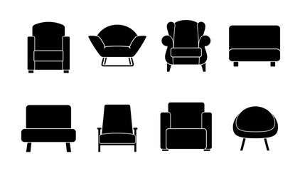 Set of black armchair and sofa silhouette icons – modern furniture collection vector illustration
