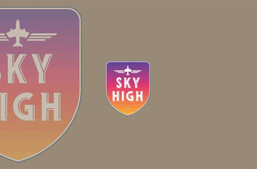 Sky High Logo with Airplane Icon on Gradient Shield
