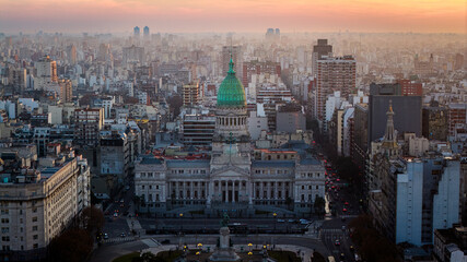 Breathtaking sunset over National Congress building with green dome, Buenos Aires, Argentina.

