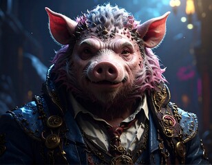 A pig-human hybrid, wearing a jacket, with a backdrop of a city