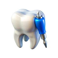 3d dental tooth model with blue dental drill tool rendering for dentistry concepts transparent background