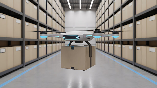 Drone Delivering Package in Warehouse Fulfillment Automated Shipping Future Concept