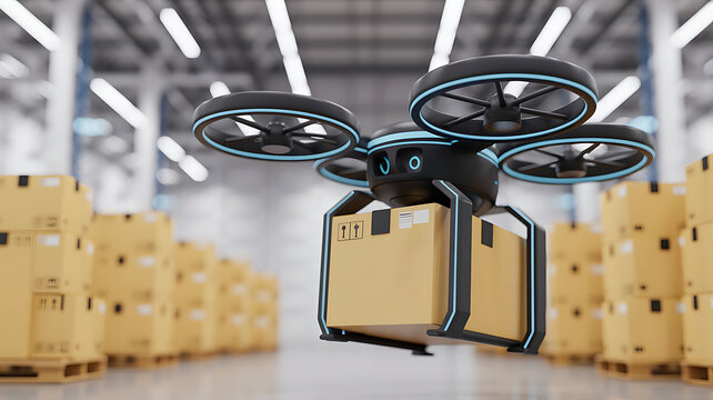 Autonomous drone carrying package in warehouse efficient logistic solution concept