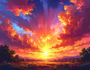 A radiant sunset over a grassy field, filled with clouds and light