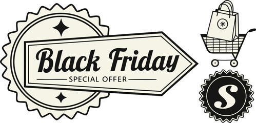 Black Friday Deal Emblem: A stylish emblem of the iconic Black Friday sales event, with text SPECIAL OFFER and related shopping icons representing the excitement and great savings.
