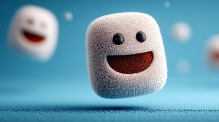 A fuzzy, white, cartoon-like character with a big smile and black eyes floats in front of a blue background.