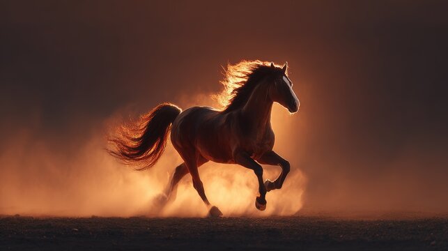 Stallion symbolizing freedom and power commercial background, desert galloping with dynamic dust