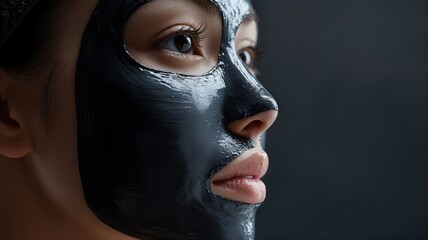 Close-up profile of a young woman applying a detoxifying black charcoal facial mask for a rejuvenating spa skincare treatment and self-care routine