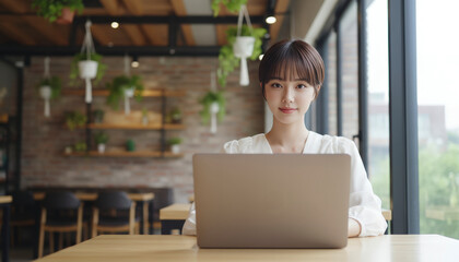 Fototapeta premium カフェでノートPCと向き合うショートヘアの女性 コピースペース